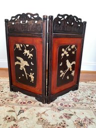 Antique Chinese Two Panel Screen 24in Tall X 29in Wide Open Asian Mother Of Pearl And Hand Carved Wood