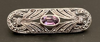 Vintage Sterling Silver Marcasite Amethyst Brooch Pin - Antique Style - 1 5/8 Inches X 1/2 Inch
