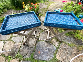 PAIR Blue & White Wicker Tray Tables