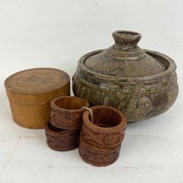 Lidded Pot, Japanese Coasters, Wooden Carved Napkin Rings