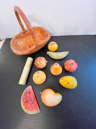 Italian And Mexican Marble And Alabaster Fruit In A Ceramic Basket