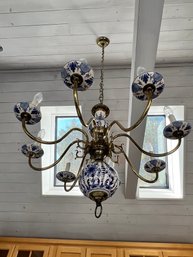 Delft Blue And White With Brass, 8 Arm Chandelier