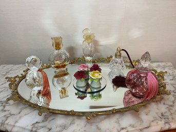 Vintage Mirrored Vanity Tray With Perfume Bottles