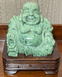 Vintage Jade Happy Buddha Figurine, Rosewood Base.