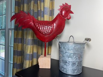 Metal Rooster Decor 19x20' And Galvanized Ice Bucket 10'' Inch