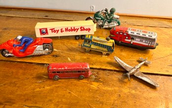 Hodge Podge Mini Toy Lot- Tin Trains, KB Toys Trailer And More