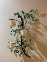 Pair Wrought Iron And Green Class Leaf Wall Candle Holders