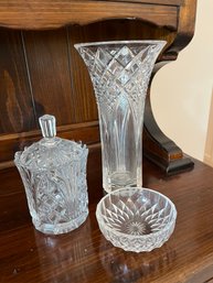 Crystal Vase, Lidded Candy Dish & Bowl