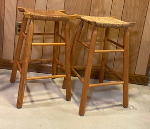 Pair Of Wood Stools With Rush Seats 14x10x24'