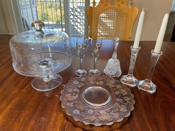 Clear Glass Cake Plate With Dome - Pierre Jouet Style Champagne Flutes