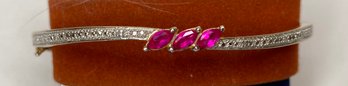 Sterling 925 Bangle Bracelet With Gold Wash - 3 Synthetic Pink Stones - Approximately 7 Inches - Locking Clasp
