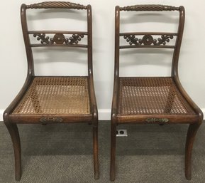 Antique PR. English Caned Chairs, Burnished Brass Elements & Accents.