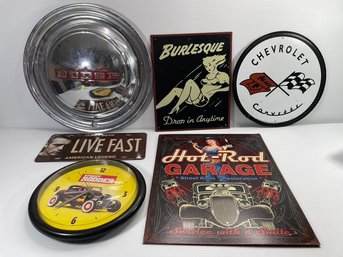 Metal Signs , Hot Rod Clock ,Vintage Dodge Hubcap, James Dean License Plate