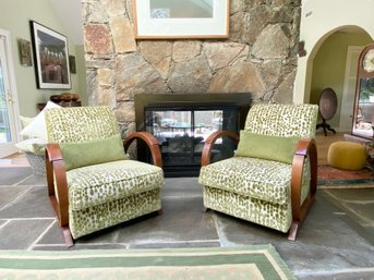 PAIR Vintage Deco Style Vintage Side Chairs In Custom Upholstered Chartreuse Velvet