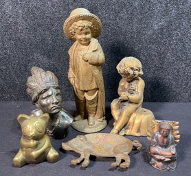 Six Vintage Brass, Bronze, Copper Animals, Figures And Statues