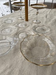 Etched Crystal Bowl Gilt Rim, 2 Compote Dishes With Gilt Trim, 6 Glass Dessert Plates 5.5' Candy Nut Dish