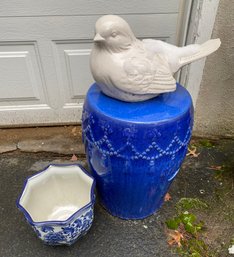 Blue Ceramic Table With Ceramic Bird And Blue & White Planter