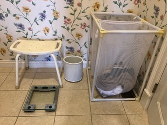 Bathroom Lot - Includes Divided Hamper, Scale, Shower Bench, (Waste Basket Not Included)