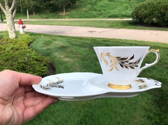 Queen Anne Bone China Snack Plate Tea Cup And Saucer Hand Painted White And Gold