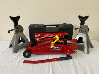 Red 1.5 Ton Trolley Jack With Two Pittsburgh 3 Ton Jack Stands