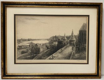 Vintage Engraving Print - Fishermans Bastion Budapest Hungary - Signed Dated Pencil - 16.5 X 21.5