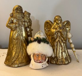 Otagiri Style Multi Gold Tone Santa And Bear, Angel, Vintage Santa Head Ornament