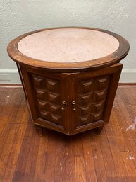 MCM Round Wood Drum Side Table With Travertine Center