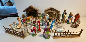 Vintage Carved Wood And Plaster Nativity Figurines From Germany & Italy