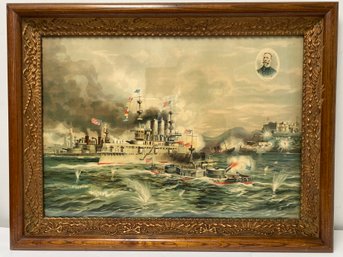 Antique Chromolithograph Spanish American War Sinking  Merrimac Santiago Cuba Xanthus Smith 1898 Hoover & Sons