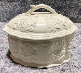 Covered Creamware Oval Box Nature Inspired Motifs