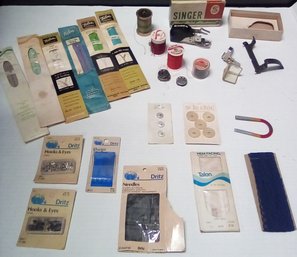 Sewing Notions Lot With Zippers, Singer Attachment, Hooks & Eyes, Buttons, Needles, Thread, Bobbin And More E3