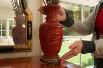 Stunning Asian Carved Vase Withbronze Rim, Blue Enamed Bottom And Inside Mounted On Carved Wood Base