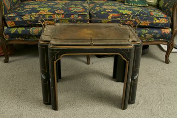 Black Lacquer And Partial Gilt Serving Table With Brass Handled Gallery Top