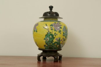 Japansese Caton Hand Painted Porcelain Ginger Jar With Wood Lid And Base