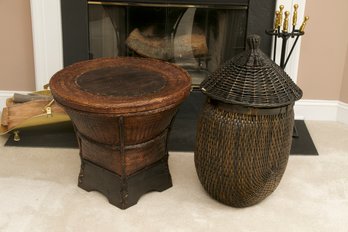 Woven Storange Drum Table And Lidded Basket