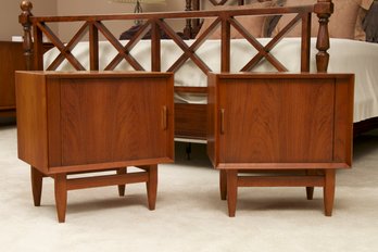 Pair Of Svend Madsen For Falster Denmark Mid-century End Tables With Tamborine Style Doors