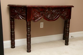 Heavily Distressed Carved Wood Console With Cherry Finish