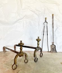 Antique Andiron And Tool Set