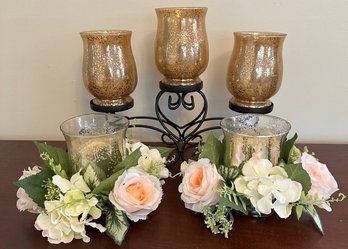 Mercury Glass & Wrought Iron Candle Holder With Three Hurricanes And Two Accented W Flowers
