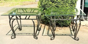 Pair Of Heavy Wrought Iron And Beveled Glass Side Tables