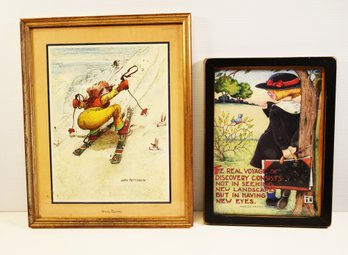 Two Vintage Framed Art Prints- Gary Patterson 1980 Snow Bunny, Mary Engelbreit 'The Real Voyage Of Discovery'