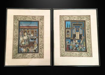 Lot Of 2 India Framed Artwork On Fabric Of Religious Scenes