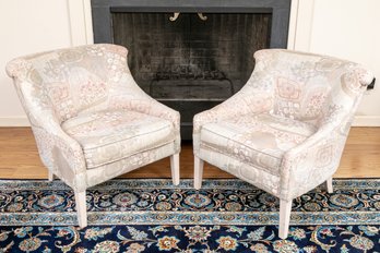 A Pair Of Modern Club Chairs Upholstered In A Complex Weave