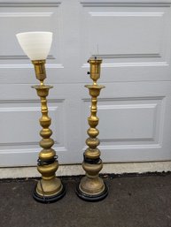 Two Brass Torchiere Lamps With One Shade