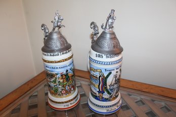 2 Imported Replica German Beer Steins - Pewter Top - Group B Made In Germany.