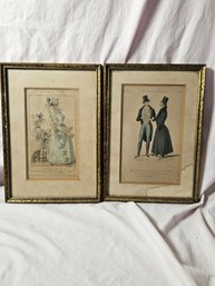 Two Vintage 1800's Parisian Framed Fashion Plates Of Men And Women's Attire