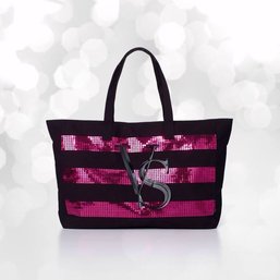 Brand New Large VICTORIAS SECRET Limited Edition Sequin Canvas Tote Black Canvas / Pink Sequins - NEVER USED !