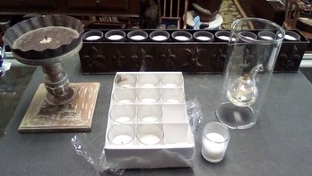 Wolfard Glass Oil Lamp, Pier 1 Votive Holder, Pottery Barn Wood & Metal Pedestal Holder & 11 White Candles E5