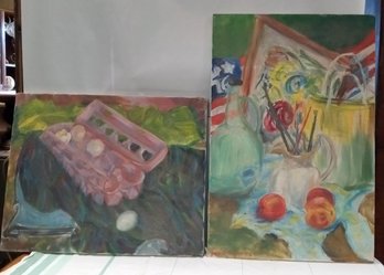 2 Great Oil On Canvas Paintings - A Carton Of Eggs &  An Artist Table With Brushes In A Vase   WA