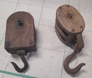 Cool Pair Of Antique Block And Tackle With  1 Single Wooden Roller & Another With Double Metal Roller.   B4